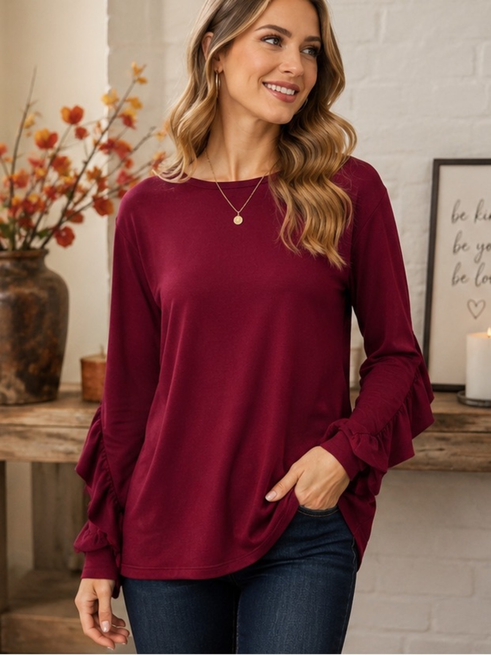 Agnes & Dora Wine Ruffle Sleeve Top XXS Made in USA NWT